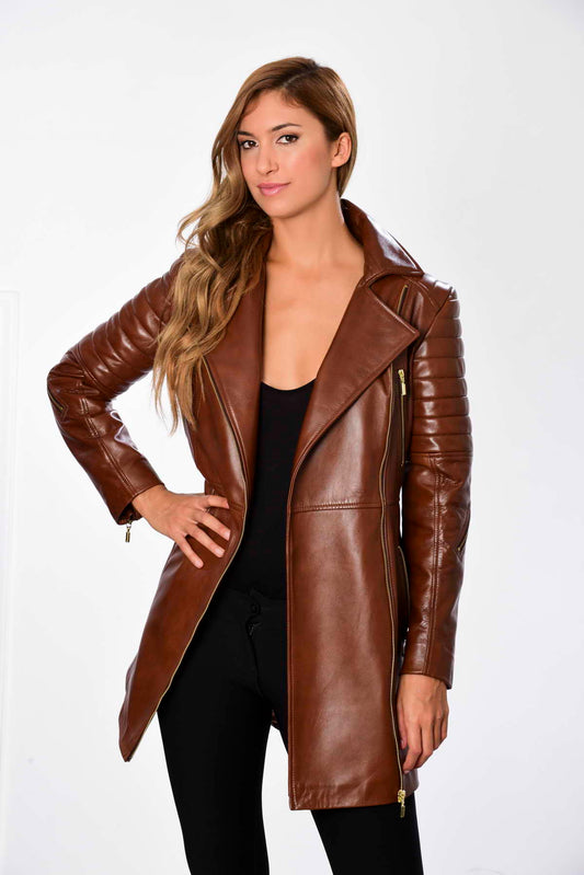 ASTER - Women's Long camel Leather Biker Jacket
