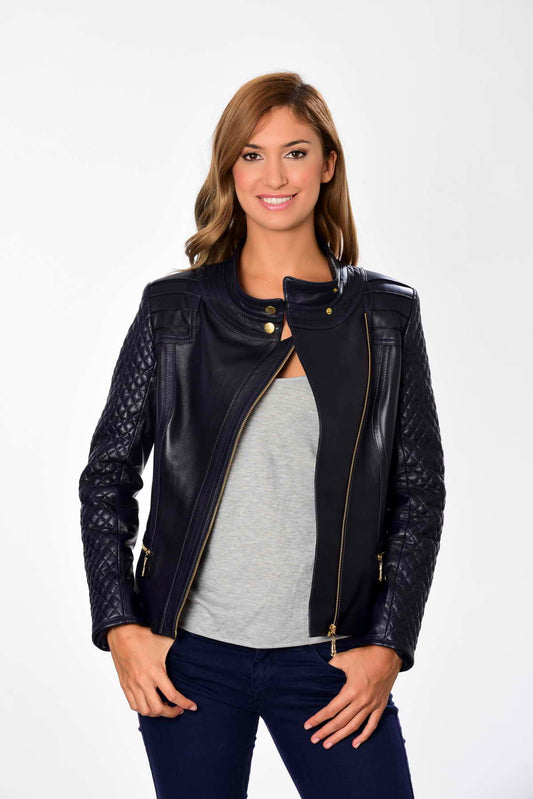 ANNA- Womens's Blue biker leather jacket.