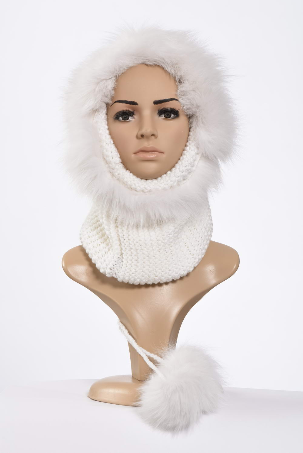 Handmade knitting collar and hat with fur and fluffy fox pompoms