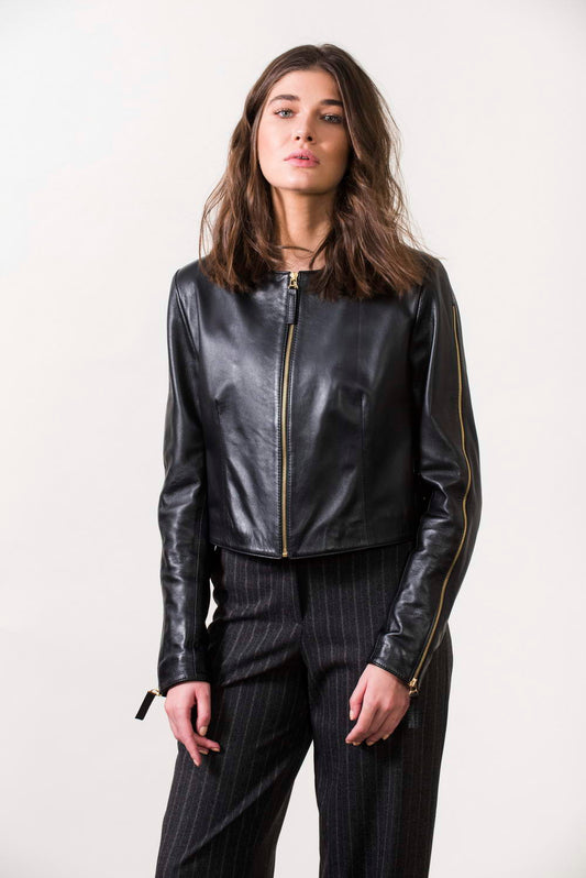 DONNA - Women's Black cropped Leather Jacket