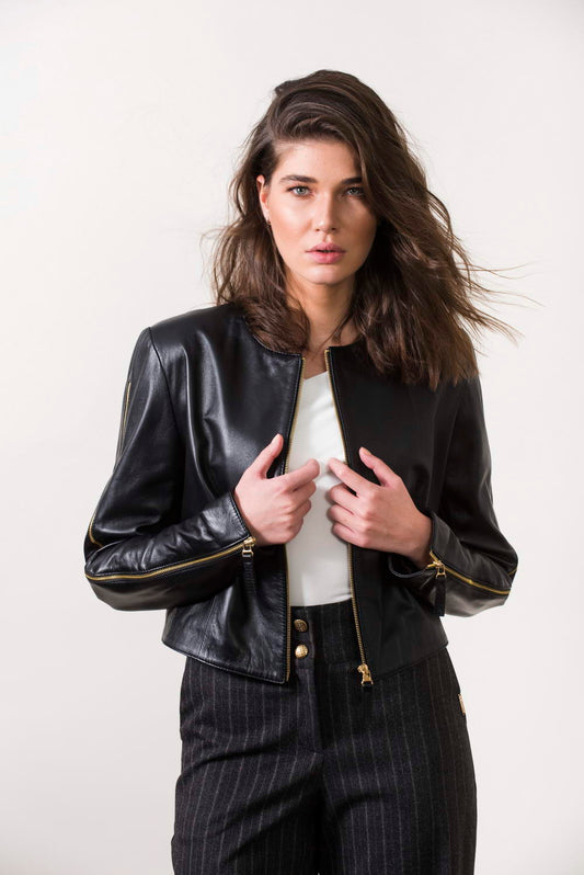 DONNA - Women's Black cropped Leather Jacket