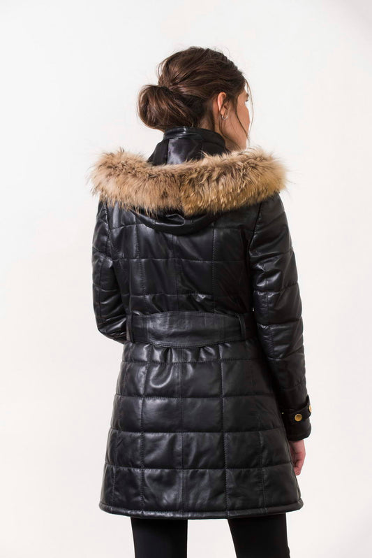 GIANNA – Γυναικείο Μακρύ Μαύρο Δερμάτινο Τζάκετ με Κουκούλα