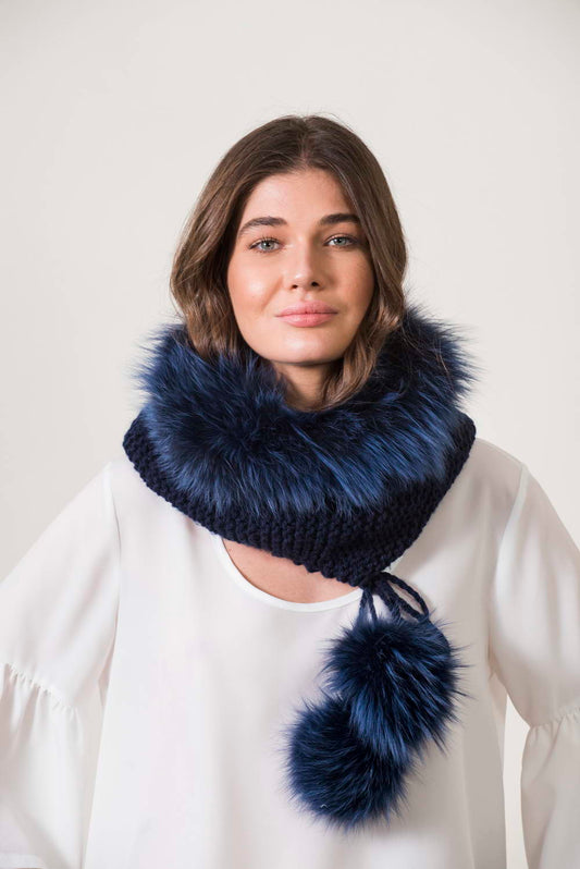 Handmade knitting Navy collar and hat with fur and fluffy fox pompoms