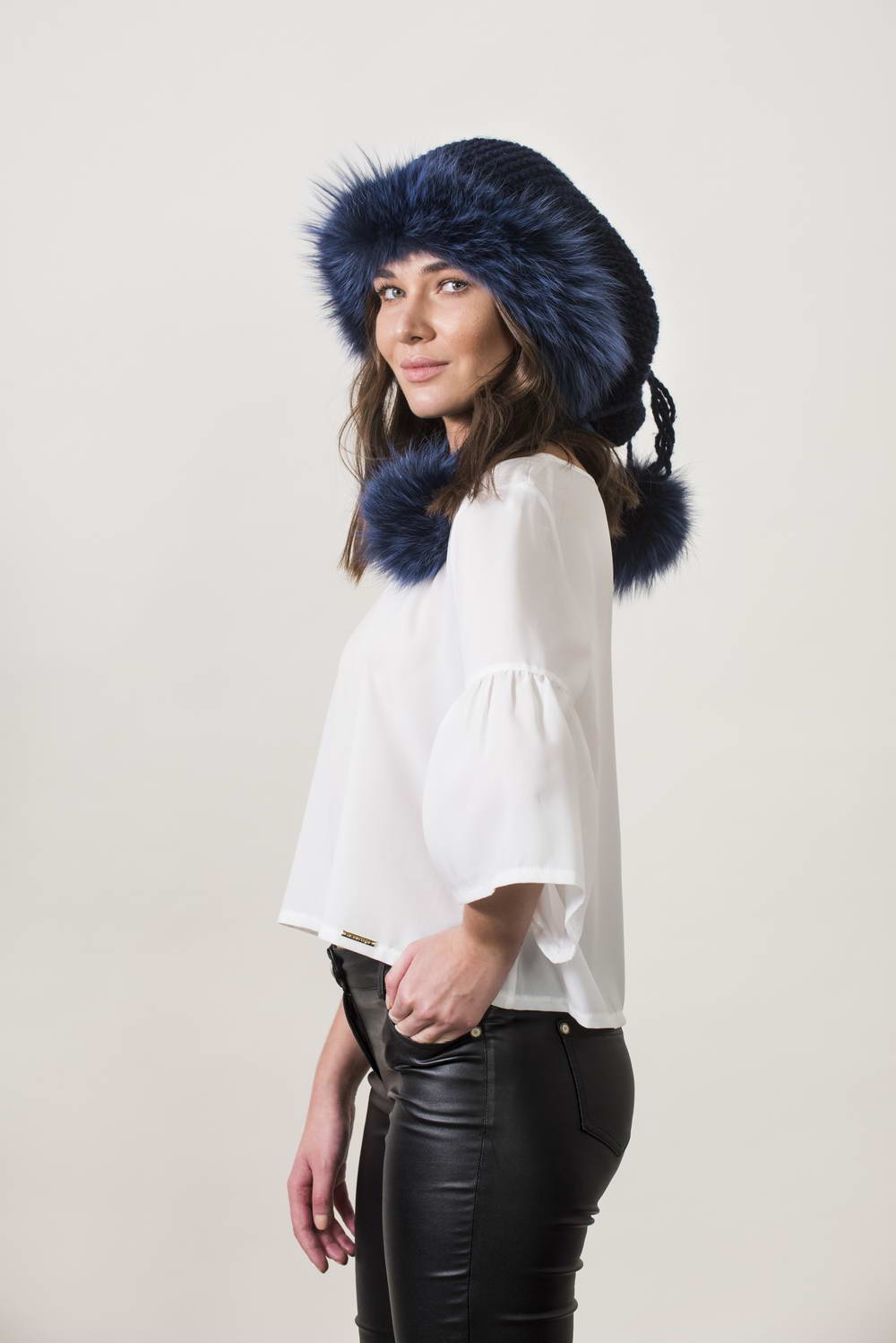Handmade knitting Navy collar and hat with fur and fluffy fox pompoms