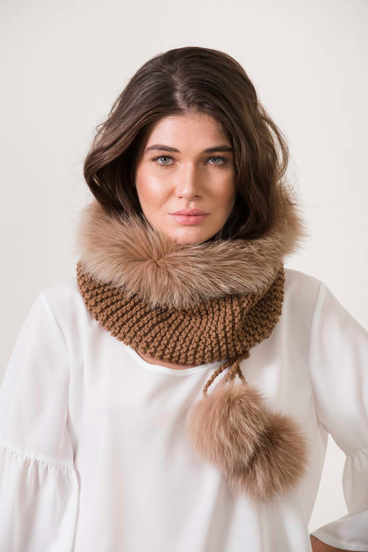 Handmade knitting camel collar and hat with fur and fluffy fox pompoms