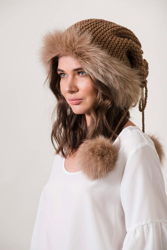 Handmade knitting camel collar and hat with fur and fluffy fox pompoms