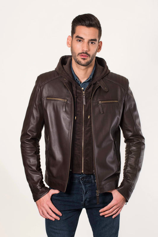 SAL- Men's Brown Leather Jacket with removable Hood
