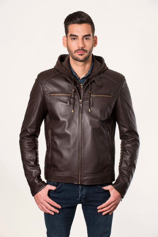 SAL- Men's Brown Leather Jacket with removable Hood