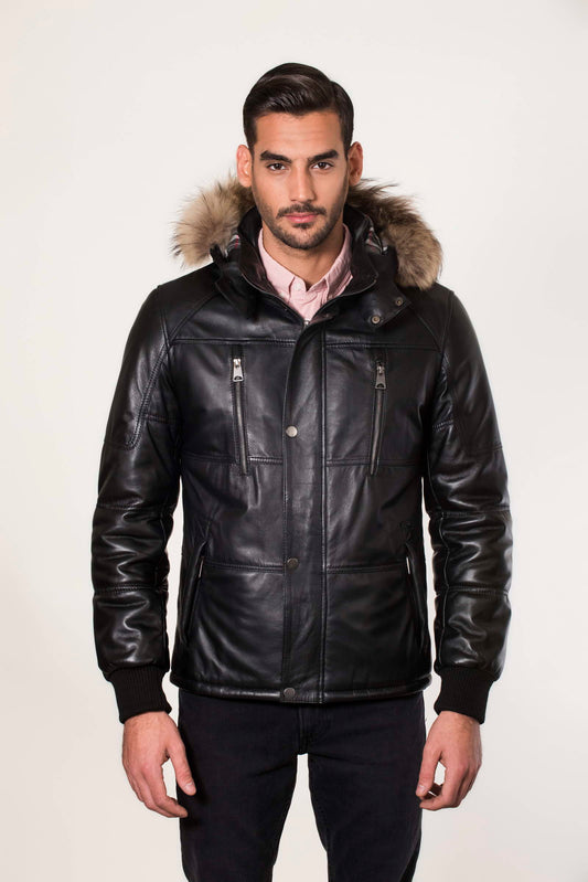 MAX- Men's Black Leather Jacket with removable hood