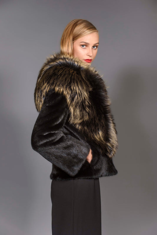 SAGA Black Mink fur jacket with Bronze Gold Metallic Fox