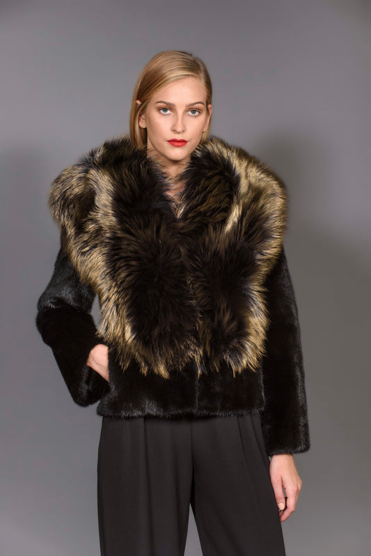 SAGA Black Mink fur jacket with Bronze Gold Metallic Fox