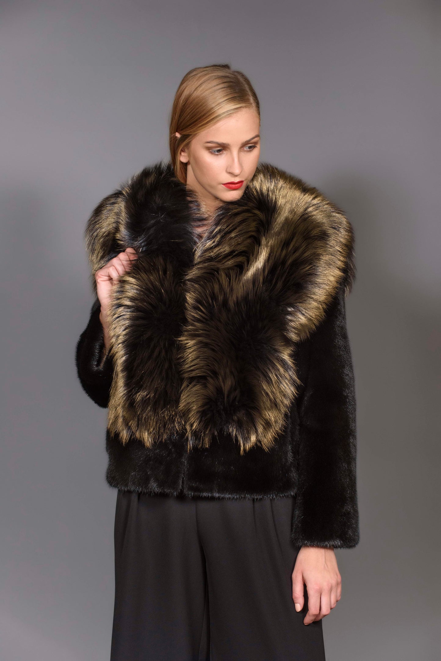 SAGA Black Mink fur jacket with Bronze Gold Metallic Fox