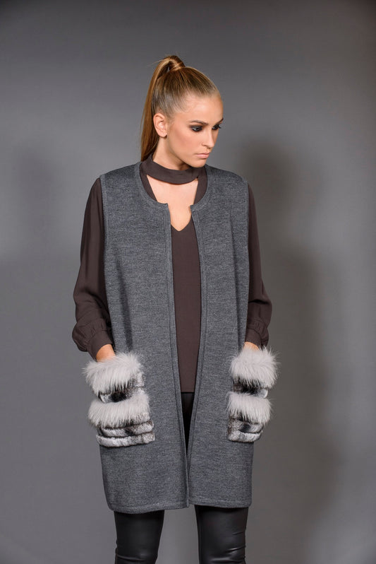 Grey Knitting Vest with Fur Pockets.
