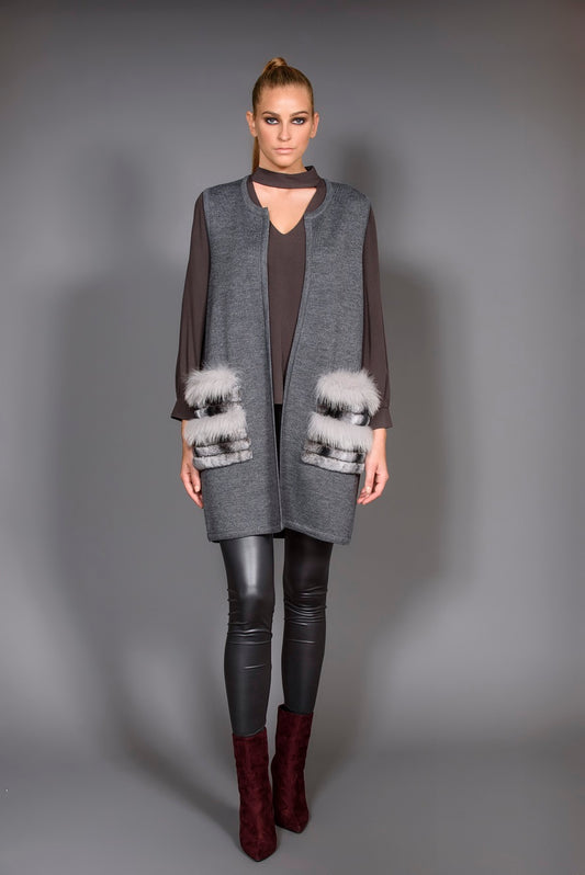 Grey Knitting Vest with Fur Pockets.