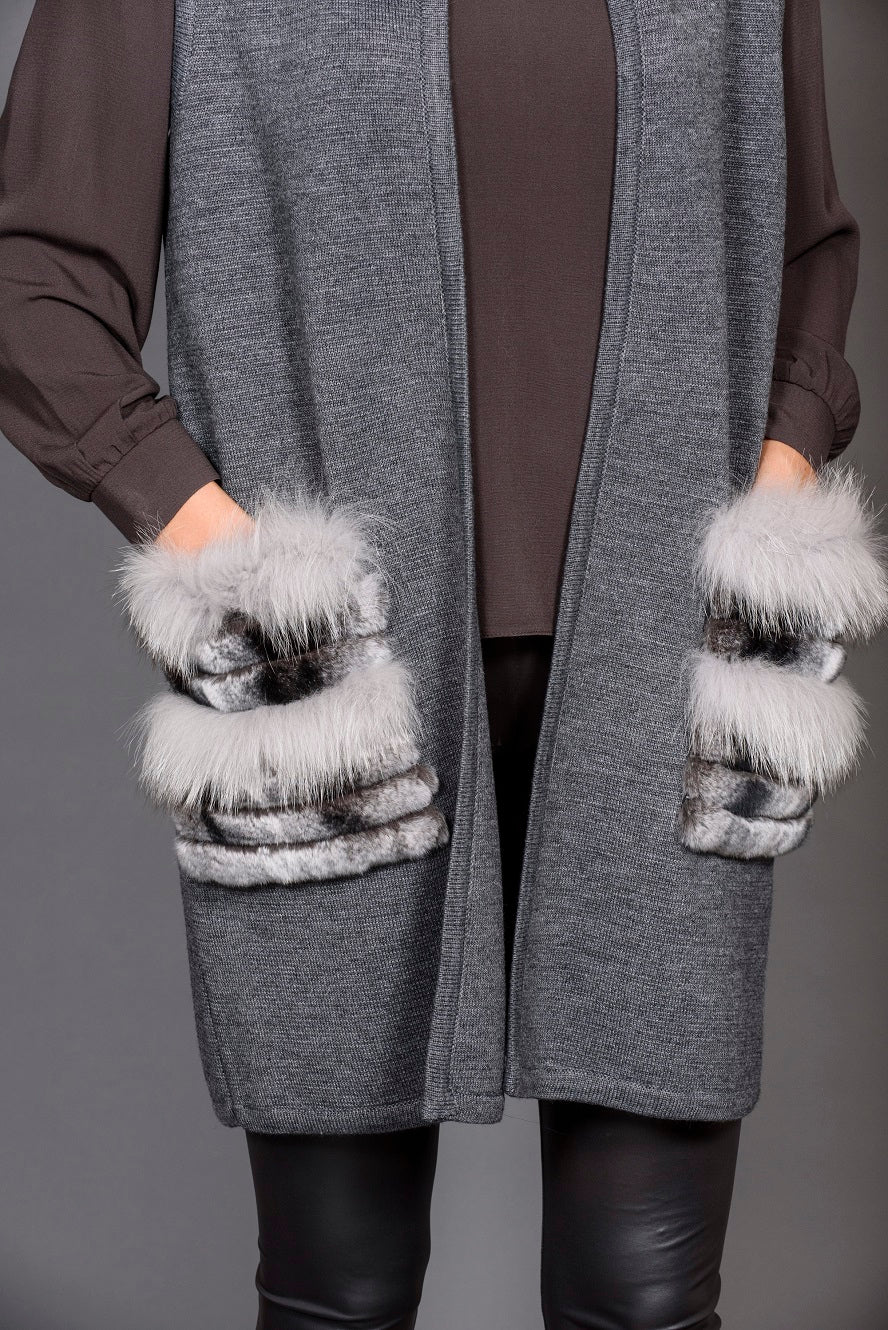 Grey Knitting Vest with Fur Pockets.