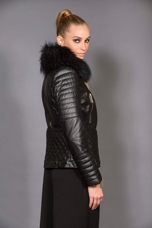 ELISABETTA - Women's biker leather jacket with fur collar