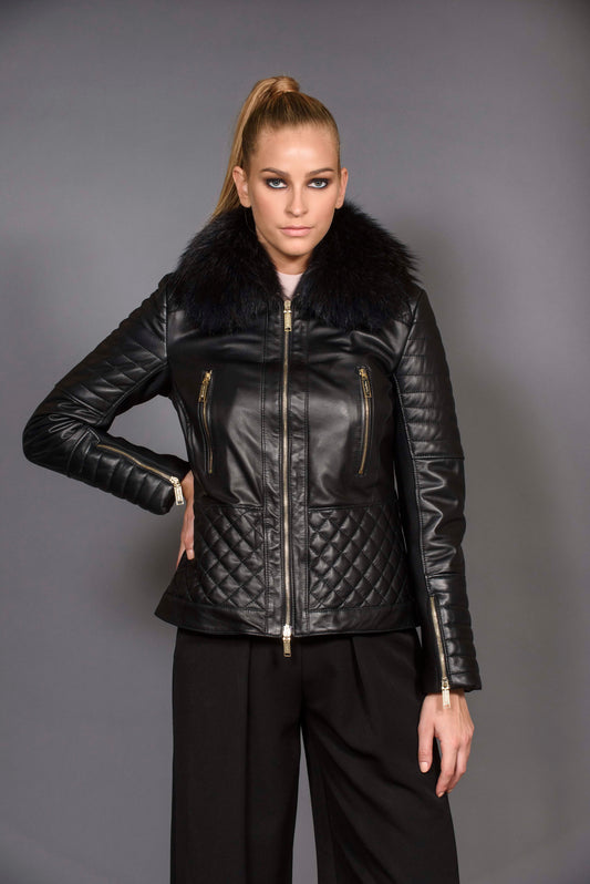 ELISABETTA - Women's biker leather jacket with fur collar