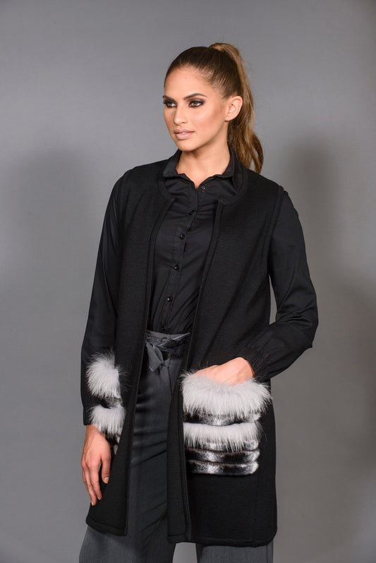 Black Knitting Vest with Fur Pockets.
