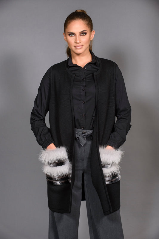 Black Knitting Vest with Fur Pockets.