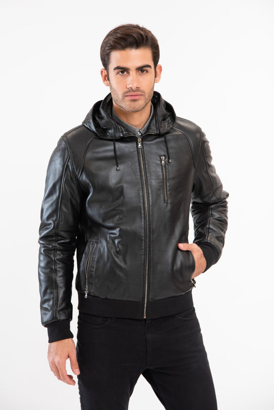 WILLIAM - Hooded Leather jacket with rib knit.