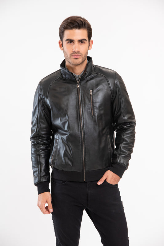 WILLIAM - Hooded Leather jacket with rib knit.