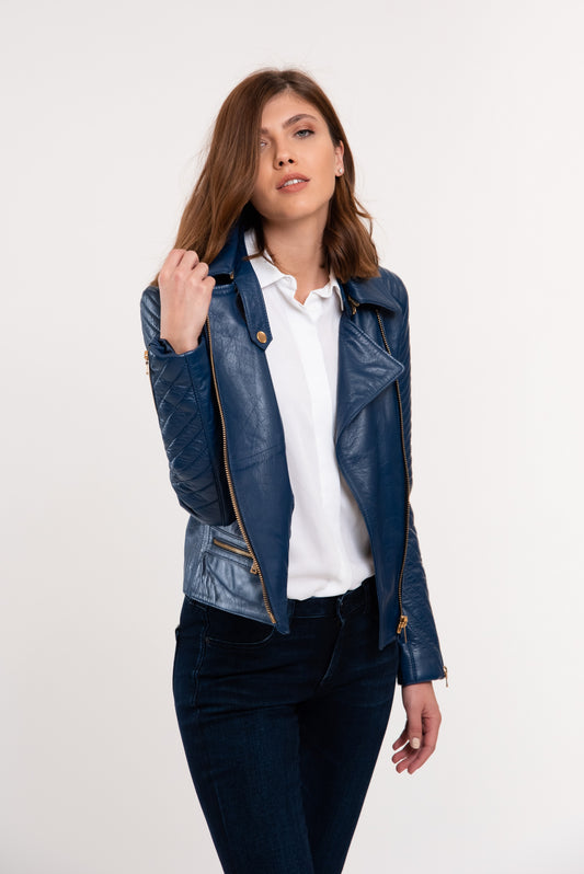 DAISY - Women's blue biker leather jacket