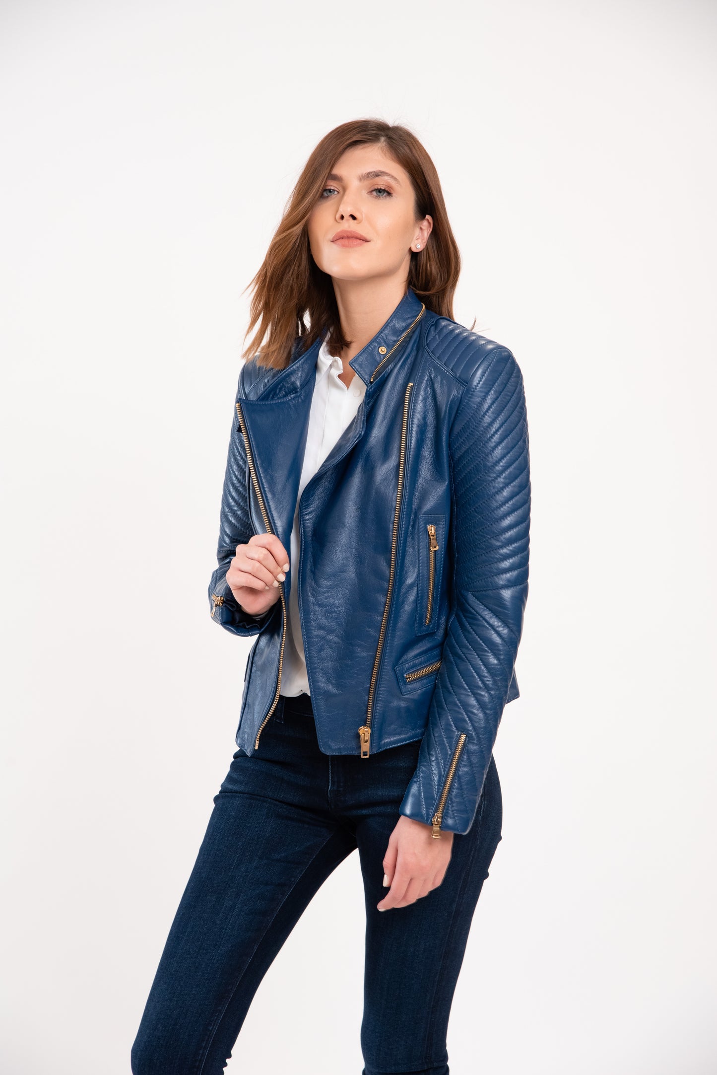 DAISY - Women's blue biker leather jacket