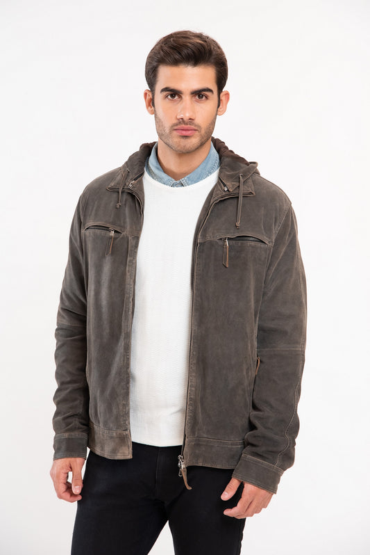 GIMOS - Stonedwashed Suede Hooded Leather jacket