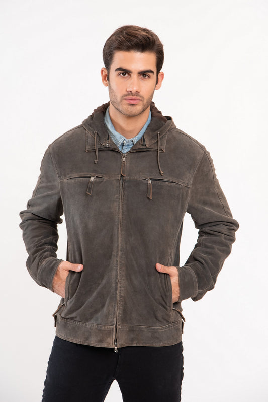GIMOS - Stonedwashed Suede Hooded Leather jacket