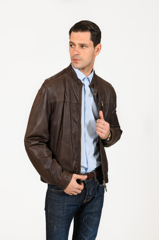 GIMOS -Brown leather jacket made in Italy.