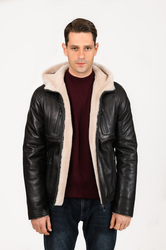 Mens's Black sheepskin hooded jacket size L -54