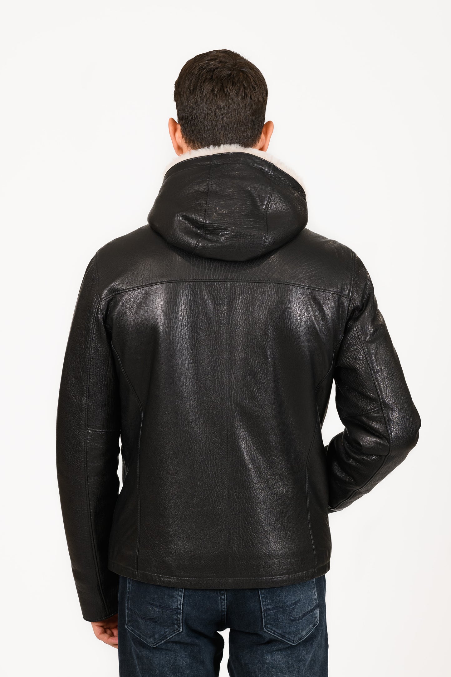 Mens's Black sheepskin hooded jacket size L -54