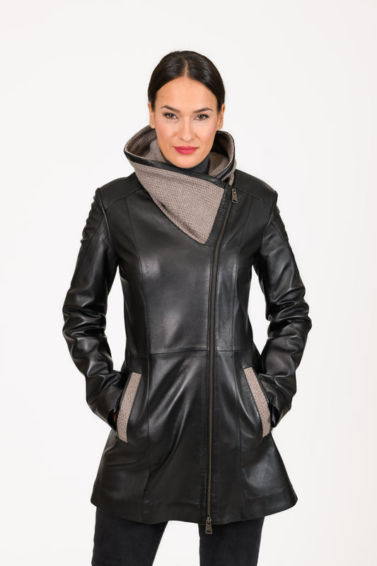 Vanya - Slim fit Leather Trench Coat with rib knit collar