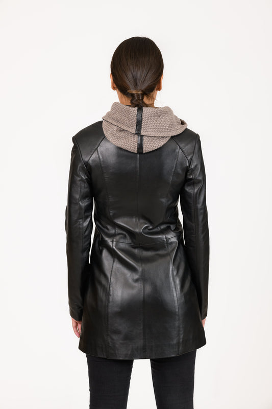 Vanya - Slim fit Γυναικείο μακρύ Τζάκετ με Πλεκτό Γιακά - Κουκούλα