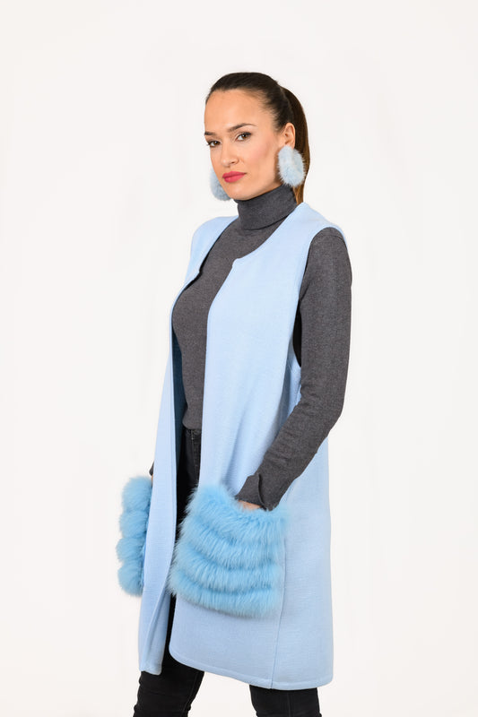 Ligth Blue Knitting Vest with Fur Pockets