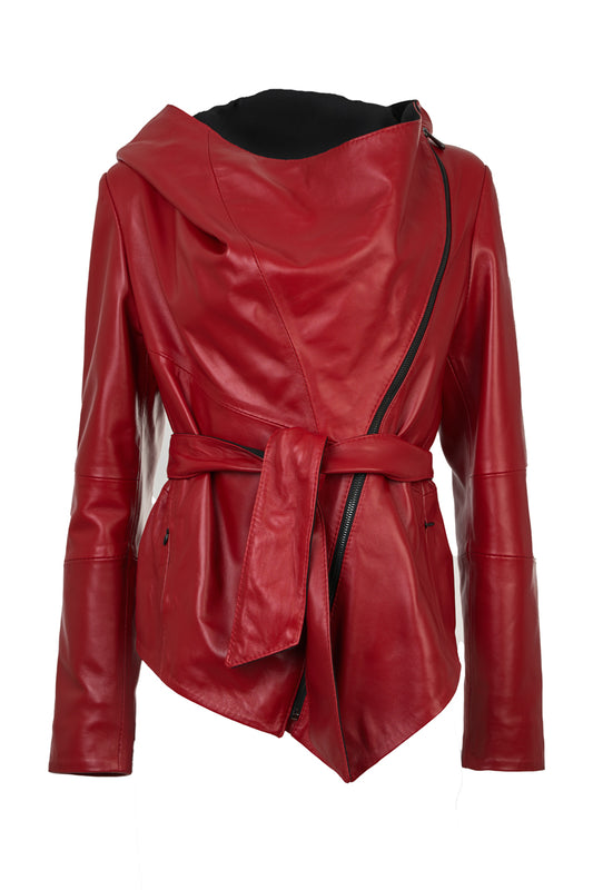 NAMI - Women's Assymetrical Red Hooded Leather Jacket