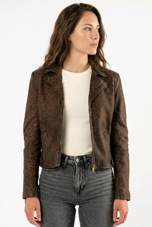 NYXA- Printed Leather Jacket in Cognac Color