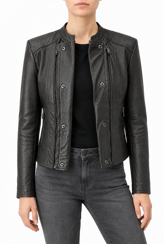 PHOEBE- Black Short Biker Leather Jacket