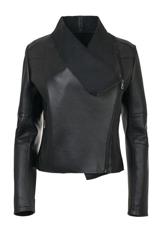 Robin handmade asymmetrical leather jacket, regular fit, off-center zipper closure, unlined design, front view