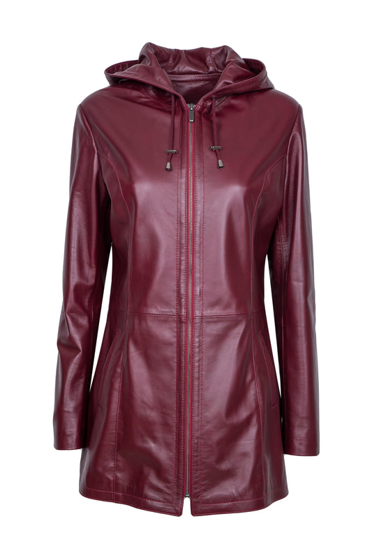 TRISS - Women's burgundy LEATHER Trench with hood. Handmade Nappa lamb leather long jacket 82cm.
