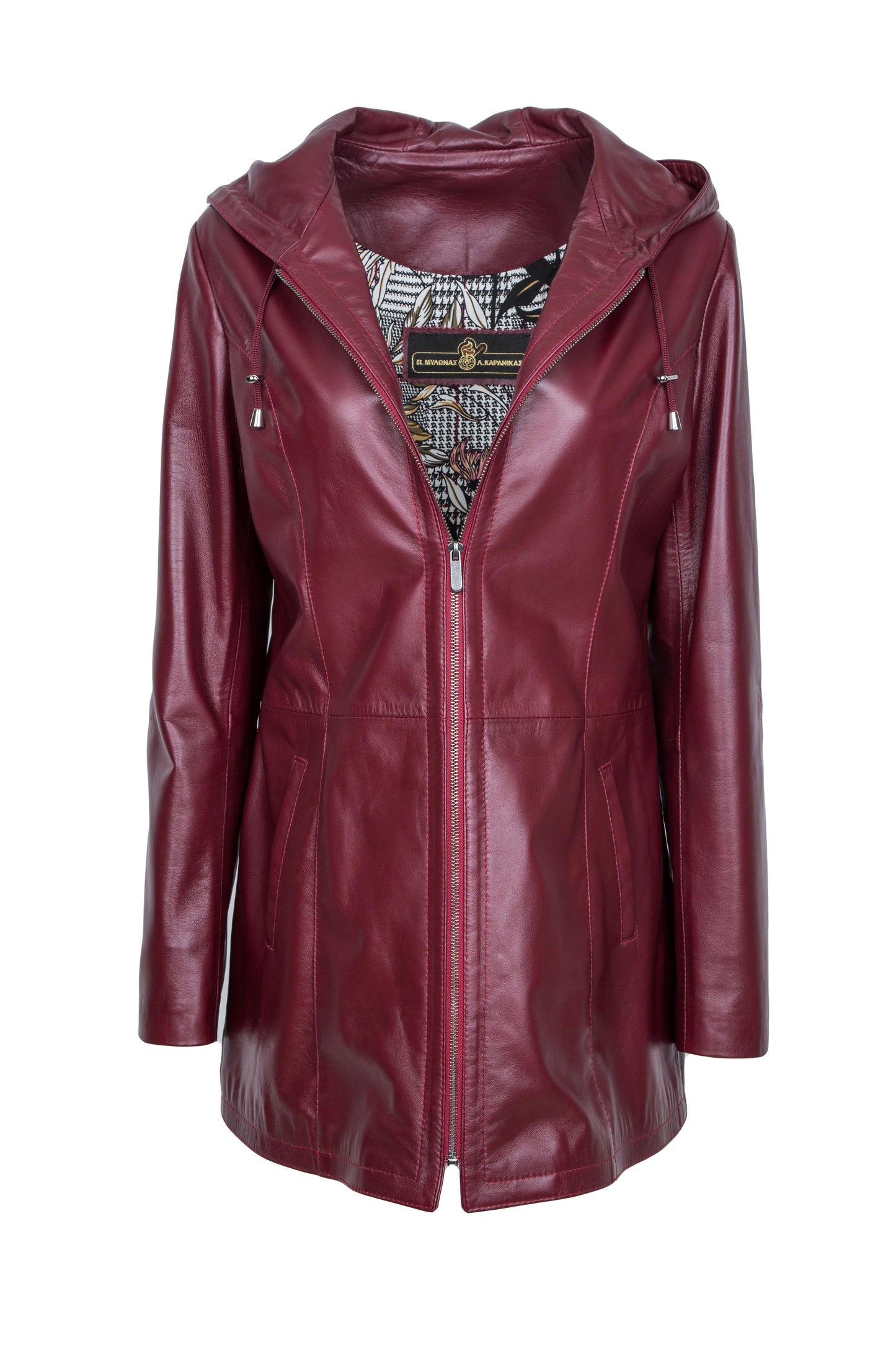 TRISS - Women's burgundy LEATHER Trench with hood. Handmade Nappa lamb leather long jacket 82cm.