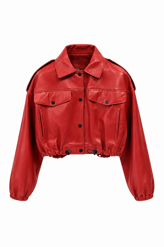 JULIE - Κοκκινο Cropped Bomber Δερμάτινο Μπουφάν
