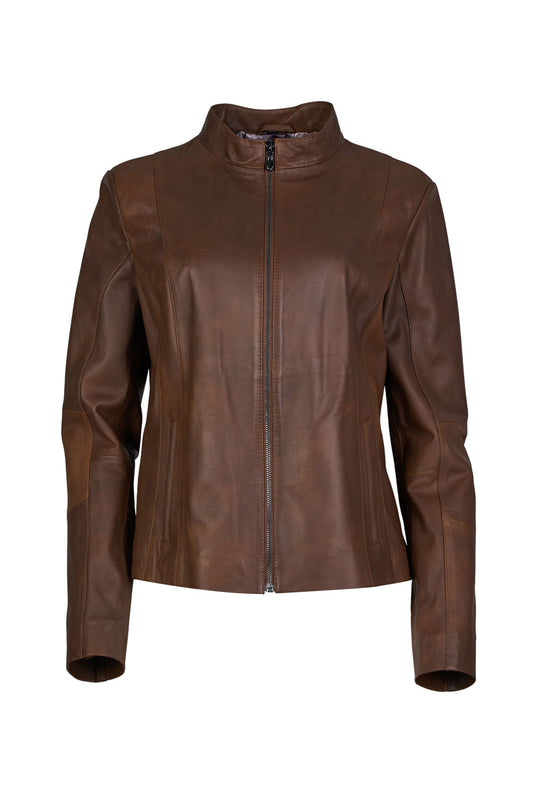 B94 - Γυναικείο Δερμάτινο Μπουφάν σε Κονιάκ χρώμα
