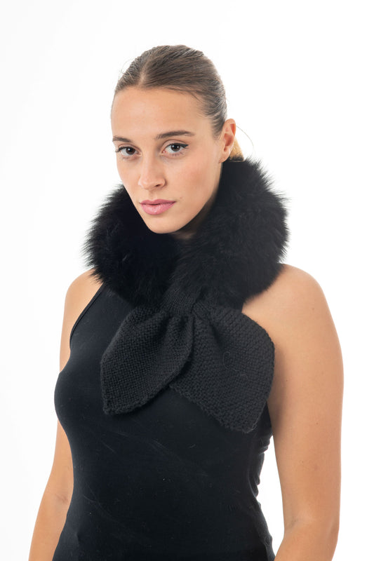 Black FUR COLLAR with handknit bow