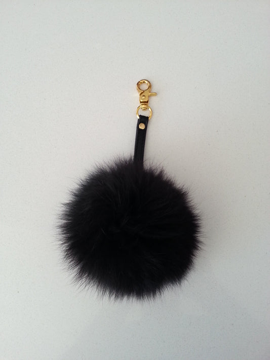 Real Black Fox Fur Keychain Keyring pompom with genuine leather strap