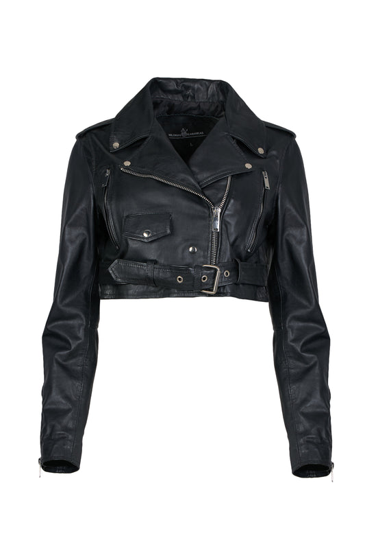 Women's Cropped Leather Jacket with Leather Belt