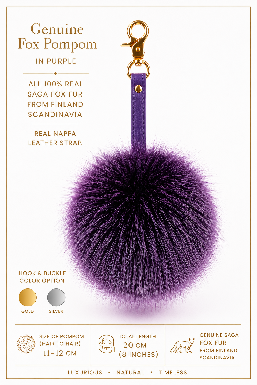 Purple Fur Pompom keychain with genuine leather strap. Real fluffy fur pompom keyring.