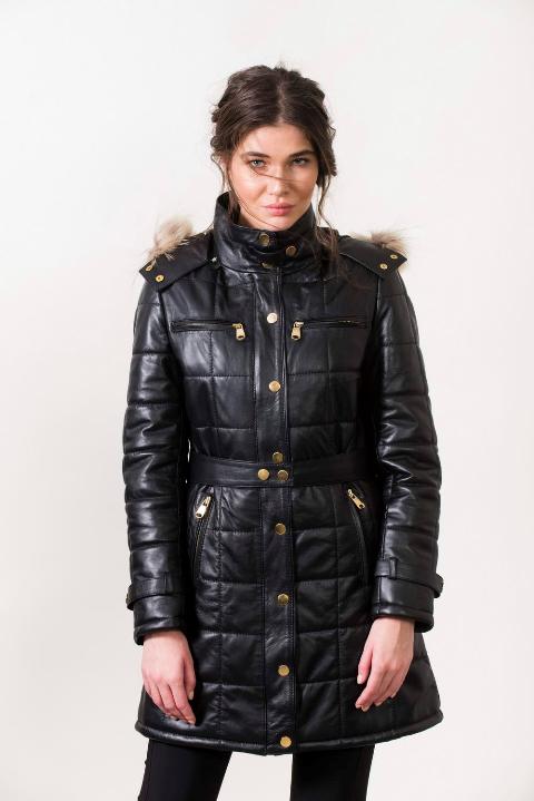 GIANNA – Γυναικείο Μακρύ Μαύρο Δερμάτινο Τζάκετ με Κουκούλα