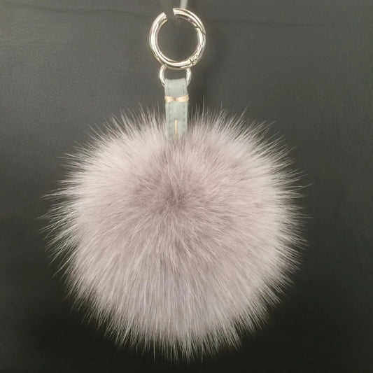 Real GREY Fox FUR POMPOM Keychain
