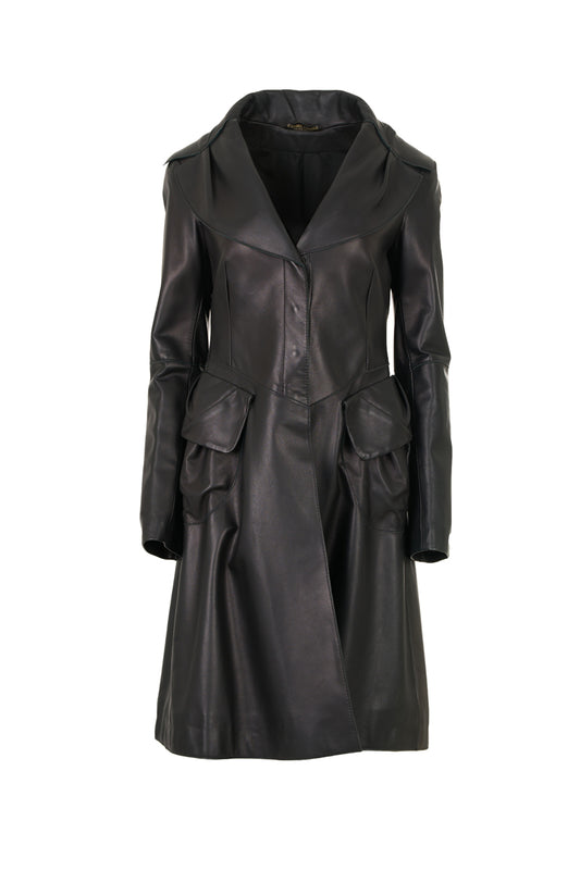 1697-Women's Genuine Leather Trench Coat